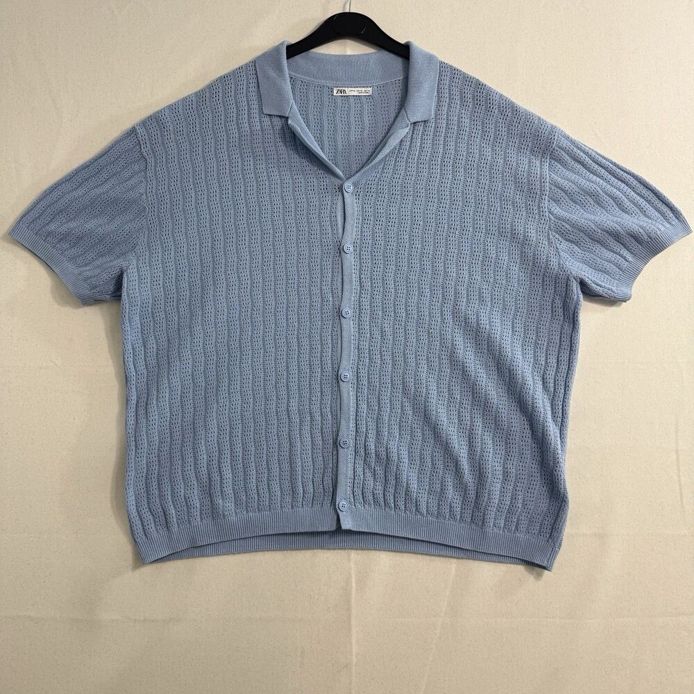 Zara Men Light Blue Textured Knit Button-up Shirt Short-sleeve Size XL